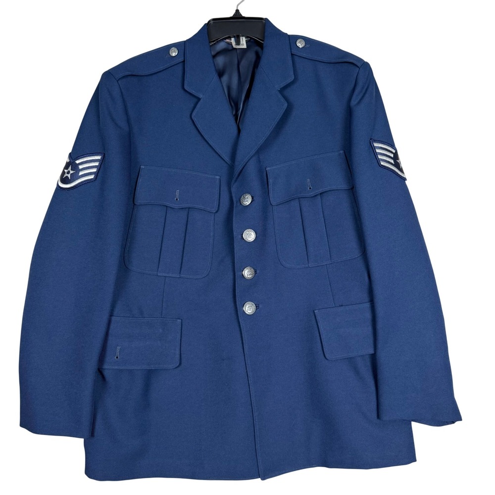 US Air Force Dress Uniform Jacket 42R Blue Sergeant Rank Patches Military Tunic